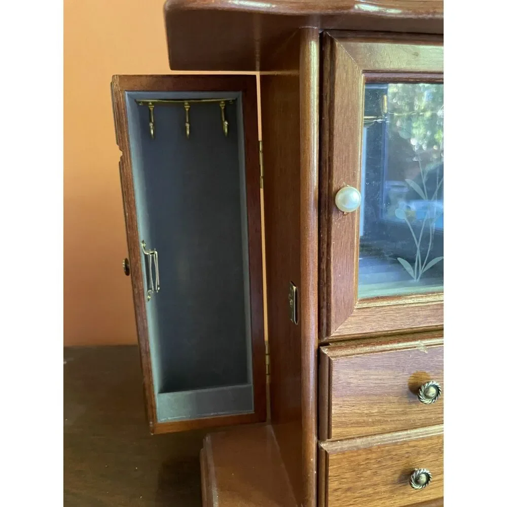 Vintage Wooden Jewelry Armoire Floral Glass Mirror Necklace Carousel Drawers